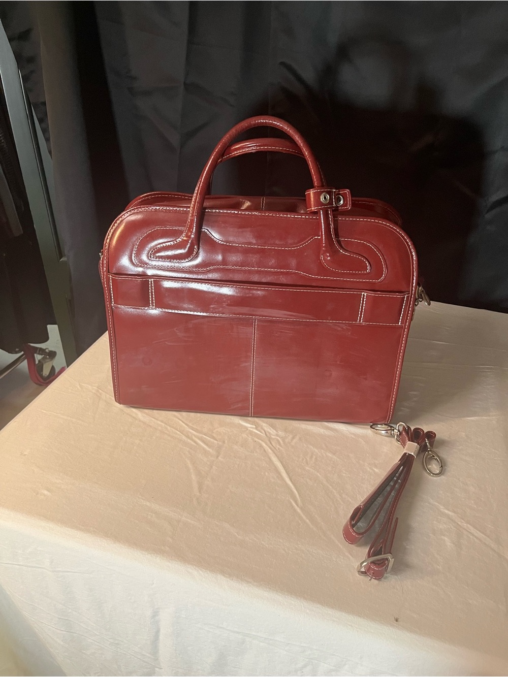 Women's Structured Leather Laptop Case with Wheels - Deep Red